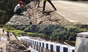 PENGERJAAN : Pengerjaan di lokasi titik rusak Jalan Ujung Pandadan-Kuala Pembuang, dan Contoh pengerjaan yang akan dilakukan sheet pile nantinya. (foto:ist)